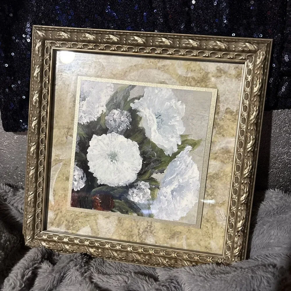 Small vintage wall art Wbite Peonies flowers gold frame home decor cot garden